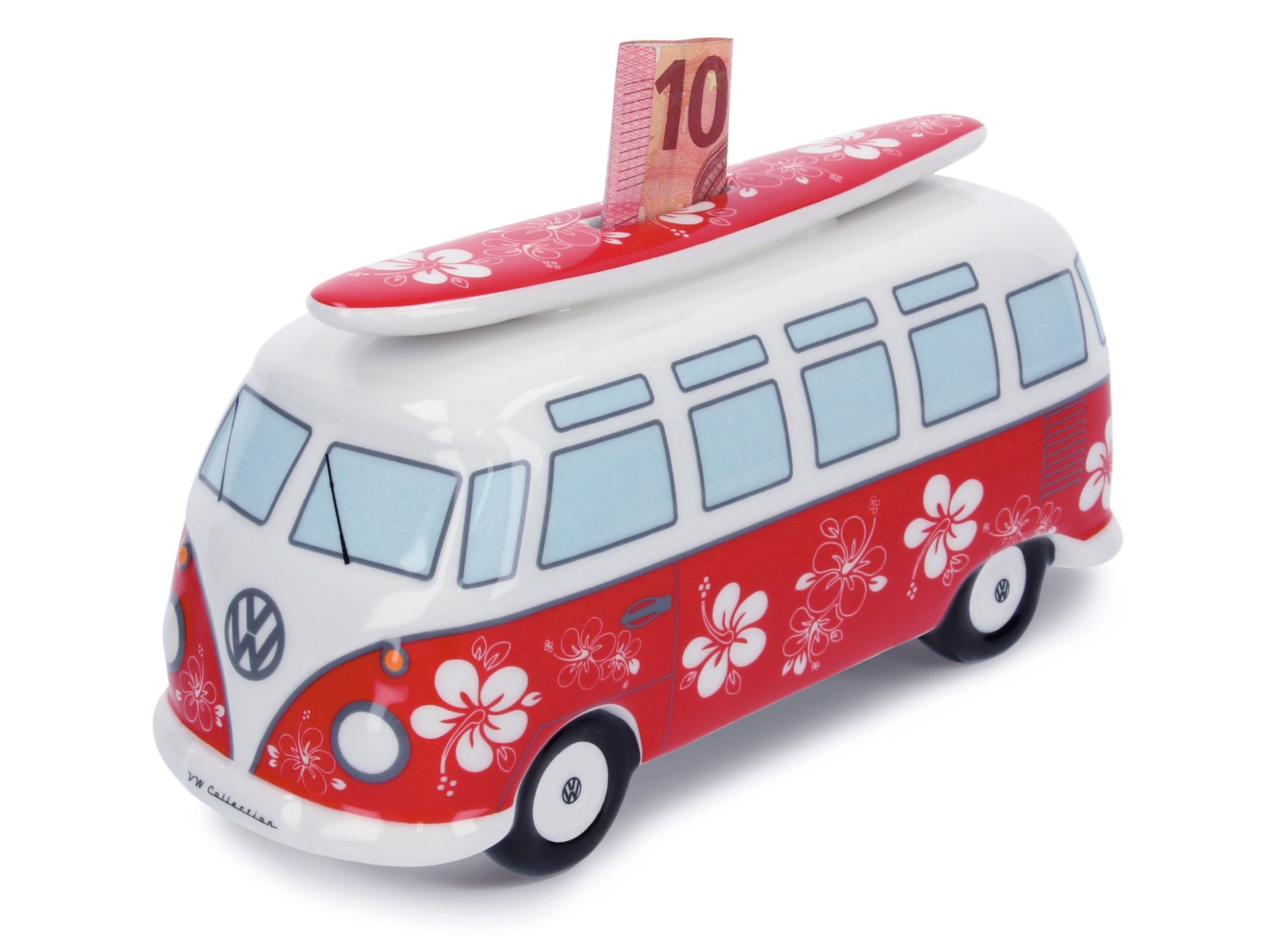 Original VW Bulli T1 Bus Spardose mit Surfbrett (1:18) rot, flower power